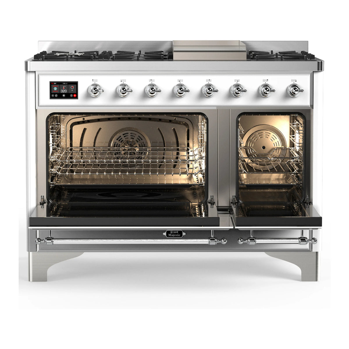 White dual-fuel range with chrome trim, open oven door, and top gas burners