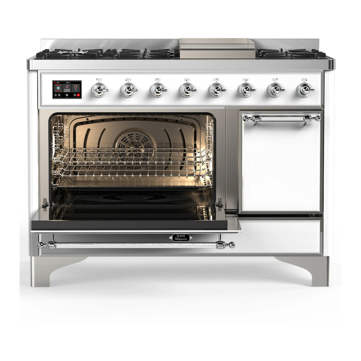 White dual-fuel range with chrome trim, open oven door, and control knobs above