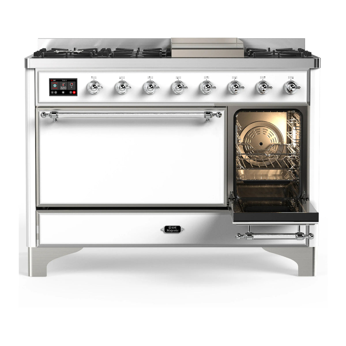 White dual-fuel range with chrome trim, oven door window visible, and top burners