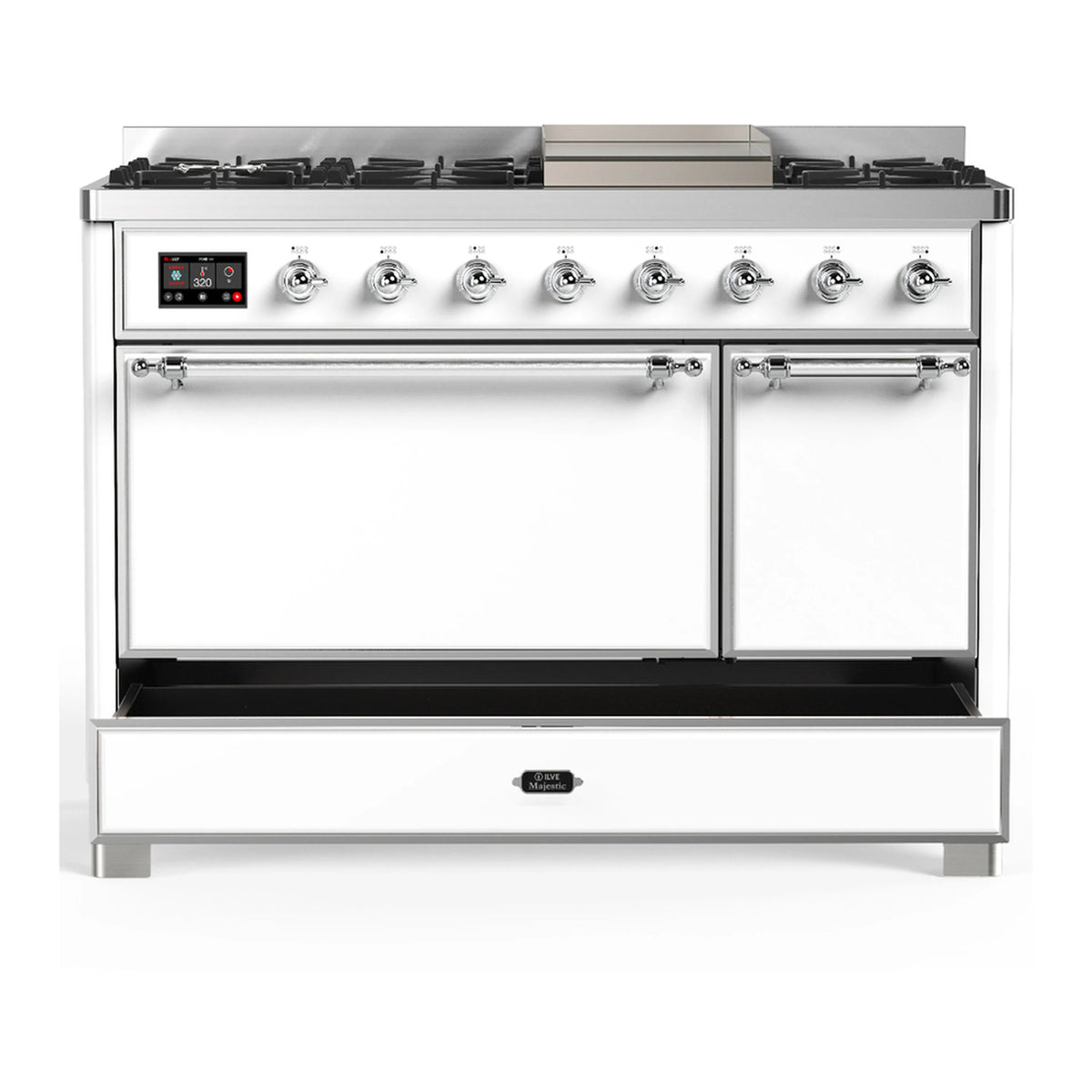 White dual-fuel range with chrome trim, closed oven doors, and gas burner knobs