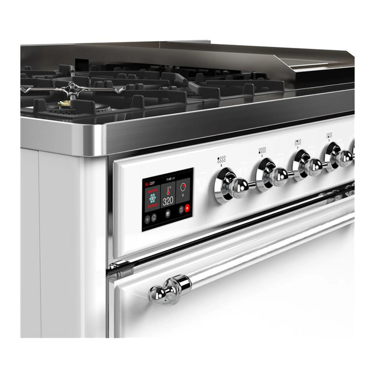 Chrome control panel with display and large round knobs on a white dual-fuel range
