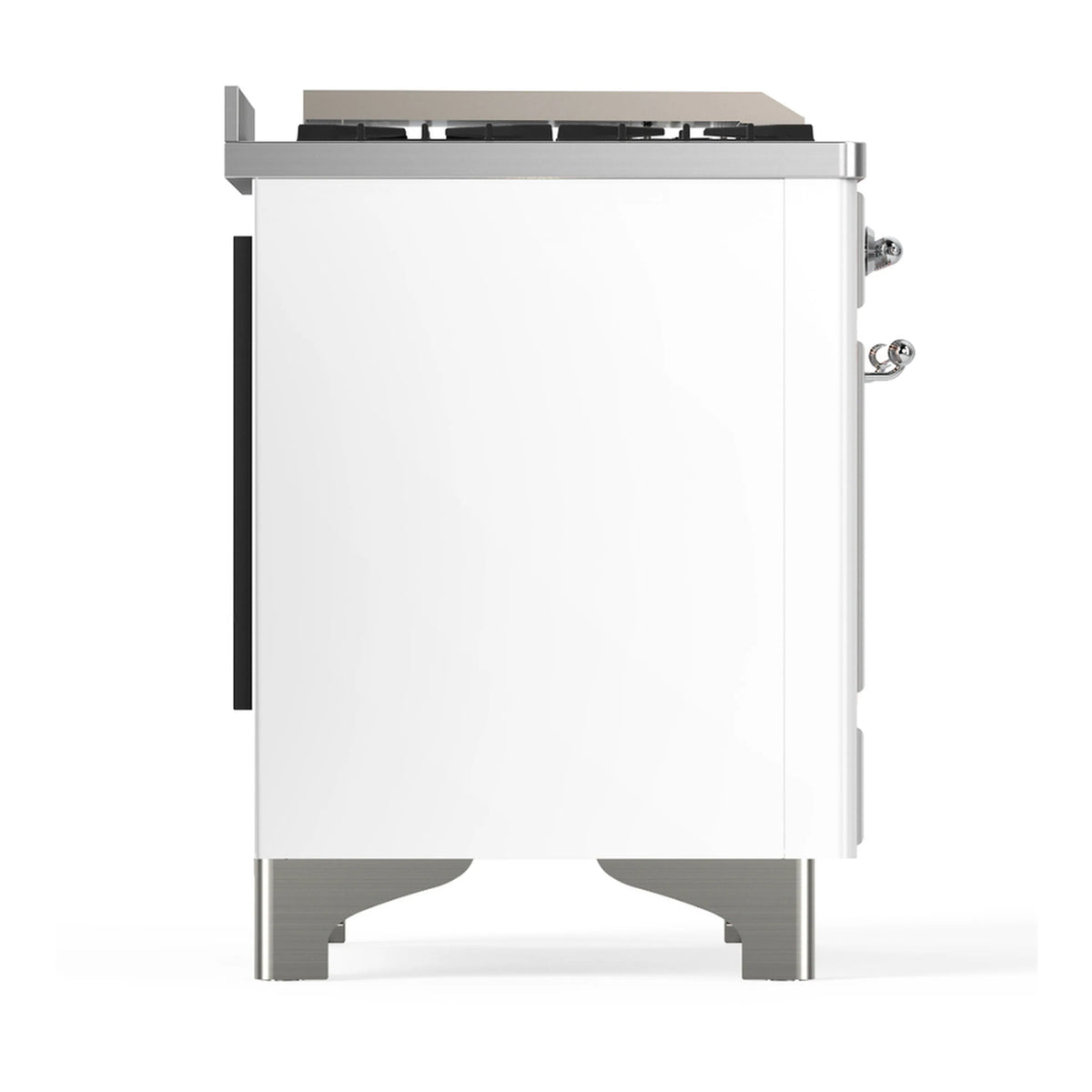 Side view of a white dual-fuel range cabinet with chrome trim and handle