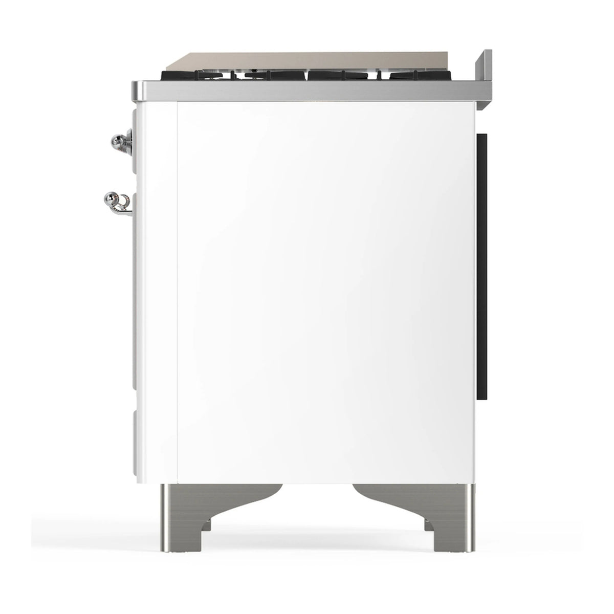 Rear side view of a white dual-fuel range with chrome trim and side access panel