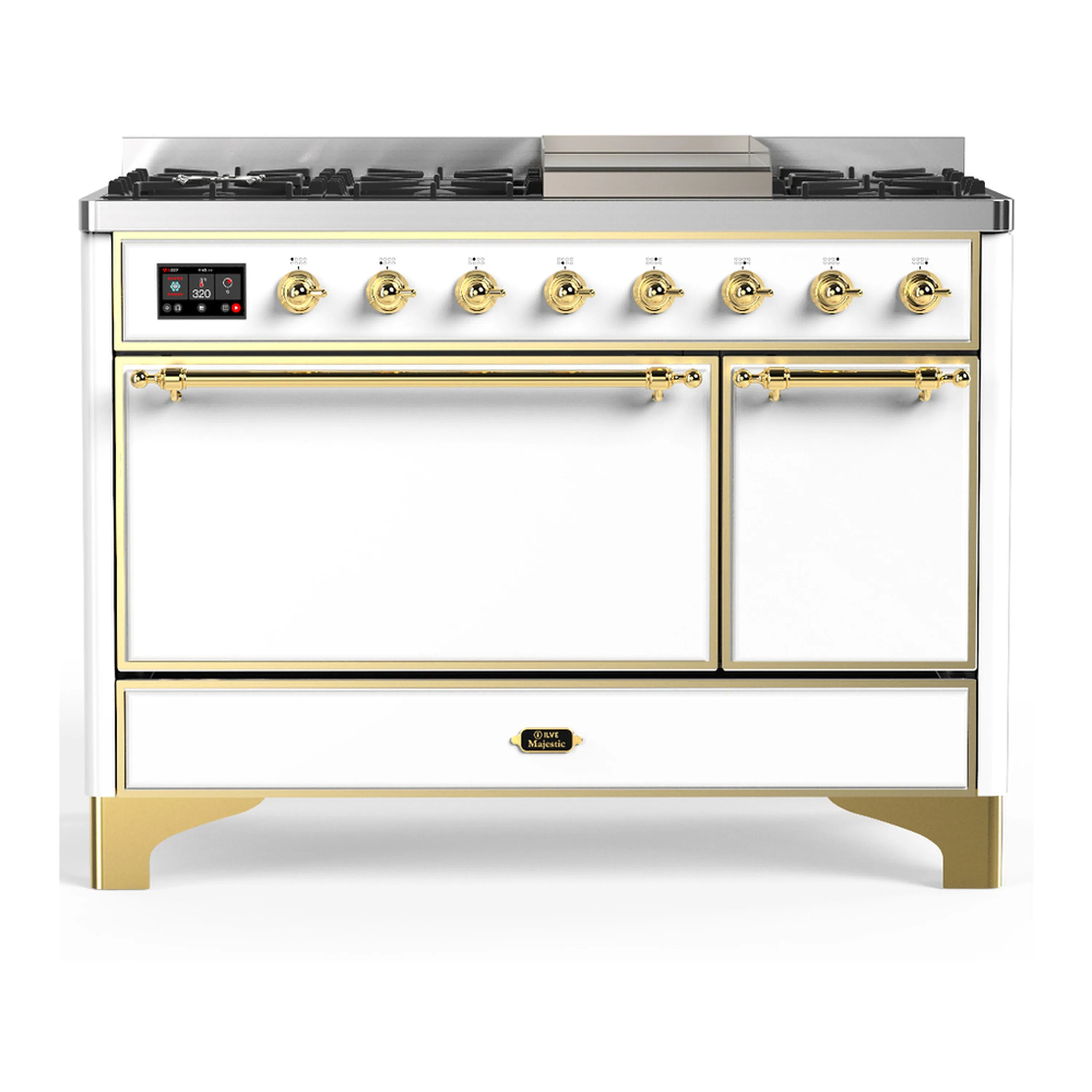 White dual-fuel range with brass control knobs and black cooktop