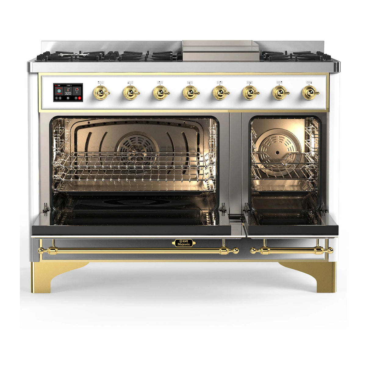 White dual fuel range with brass trim, griddle, and both oven doors open to interior racks