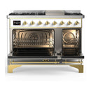 ILVE Majestic III 48-inch Dual Fuel Range with 5 Natural Gas Burner, Griddle and Solid Door Electric Oven in White with Brass Trim (UM48FQNR3WHG)