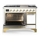 ILVE Majestic III 48-inch Dual Fuel Range with 5 Natural Gas Burner, Griddle and Solid Door Electric Oven in White with Brass Trim (UM48FQNR3WHG)