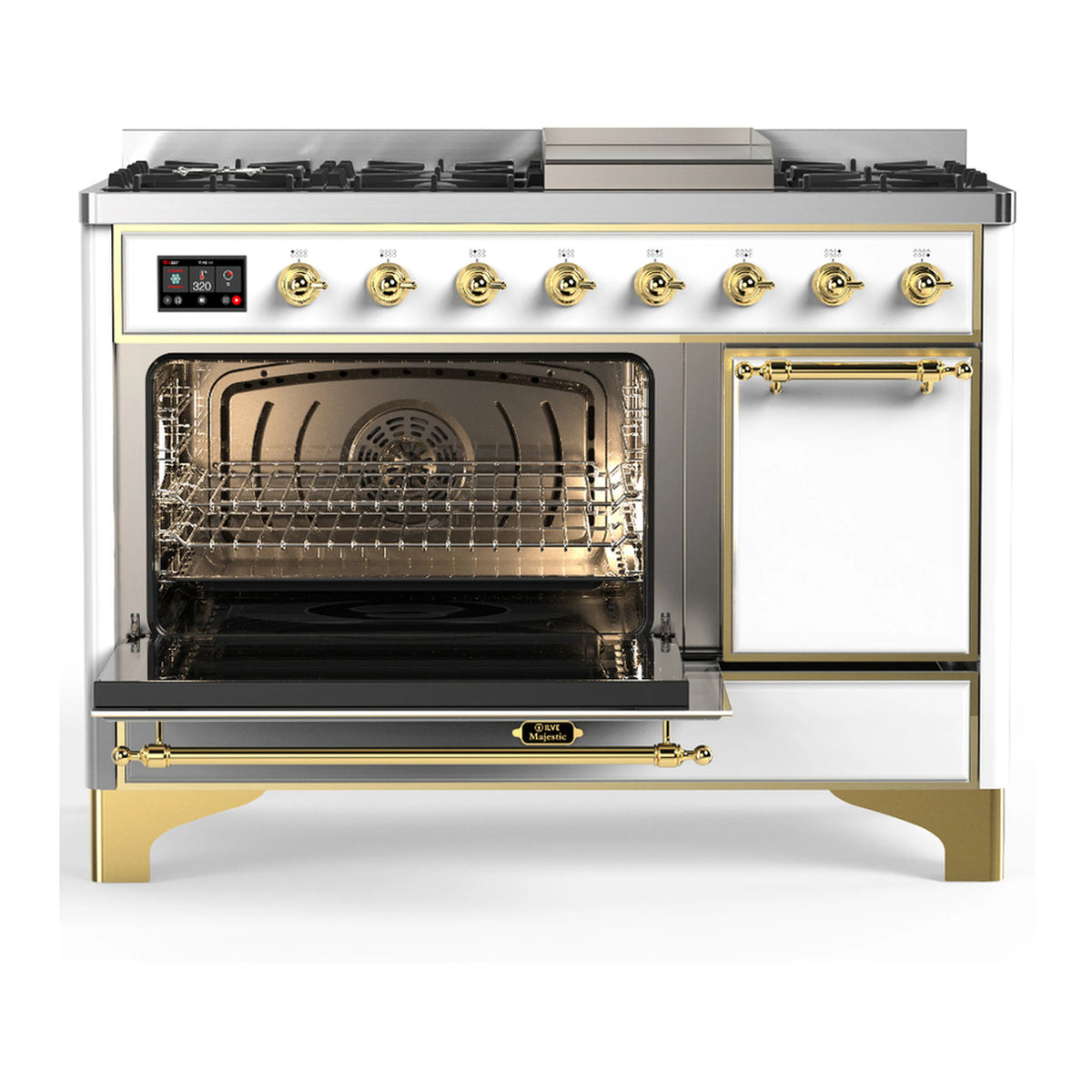 White dual-fuel range with open electric oven door and visible interior racks