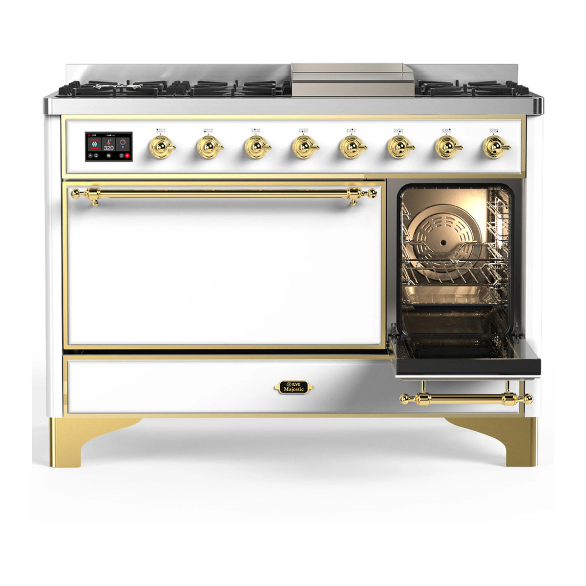 White dual fuel range with brass trim, griddle, right oven door open with oven interior