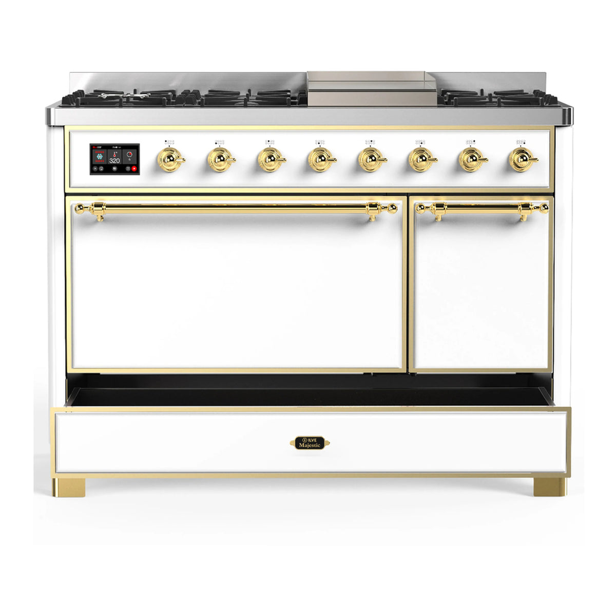 White dual-fuel range with brass knobs and closed oven doors