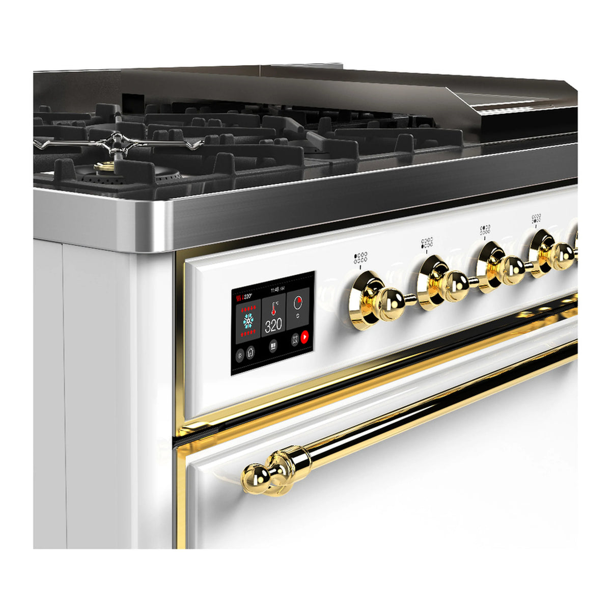 Close-up of brass control knobs and digital display on the white range