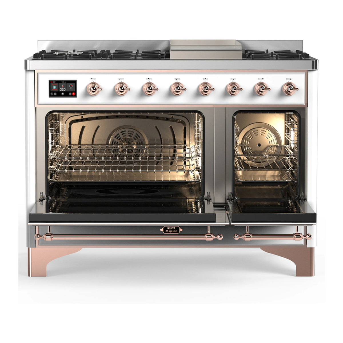 White dual fuel range with copper trim, oven door open, visible oven interior rack