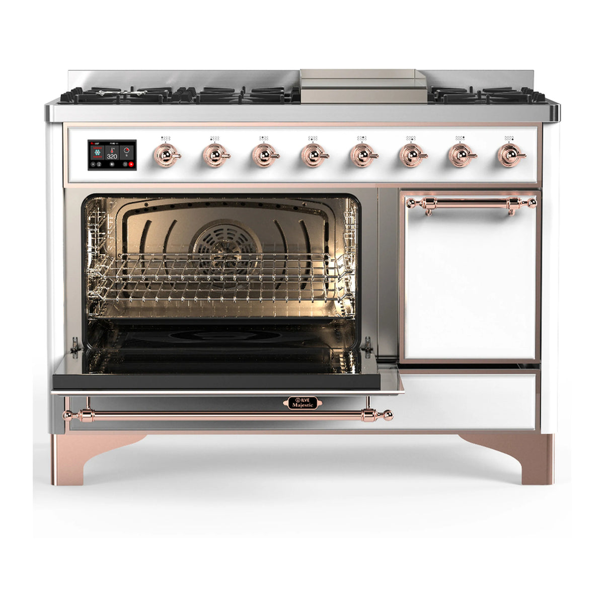ILVE Majestic III dual fuel range, oven cavity visible with wire rack, copper accents