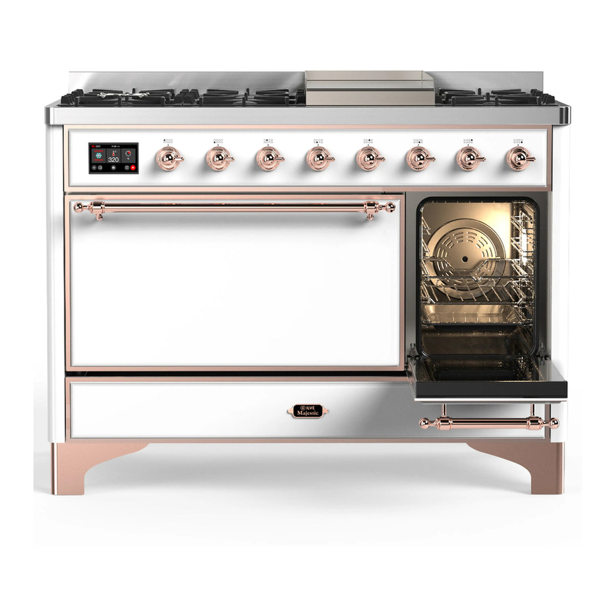 ILVE Majestic III dual fuel range with right oven door open, white and copper trim