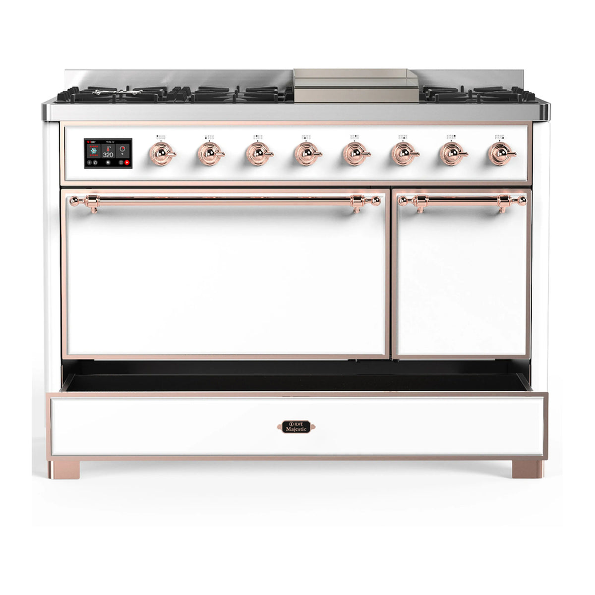 White dual fuel range with copper trim, gas burners, griddle, and open bottom drawer