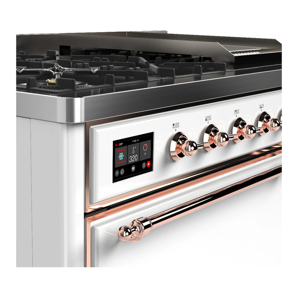 ILVE Majestic III dual fuel range control panel with digital display and copper knobs