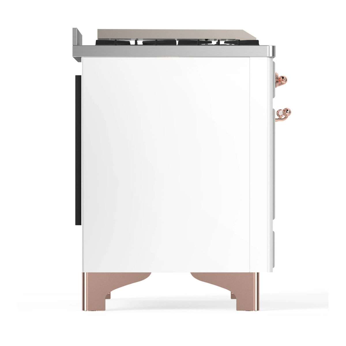 White dual fuel range end panel with copper-trimmed feet