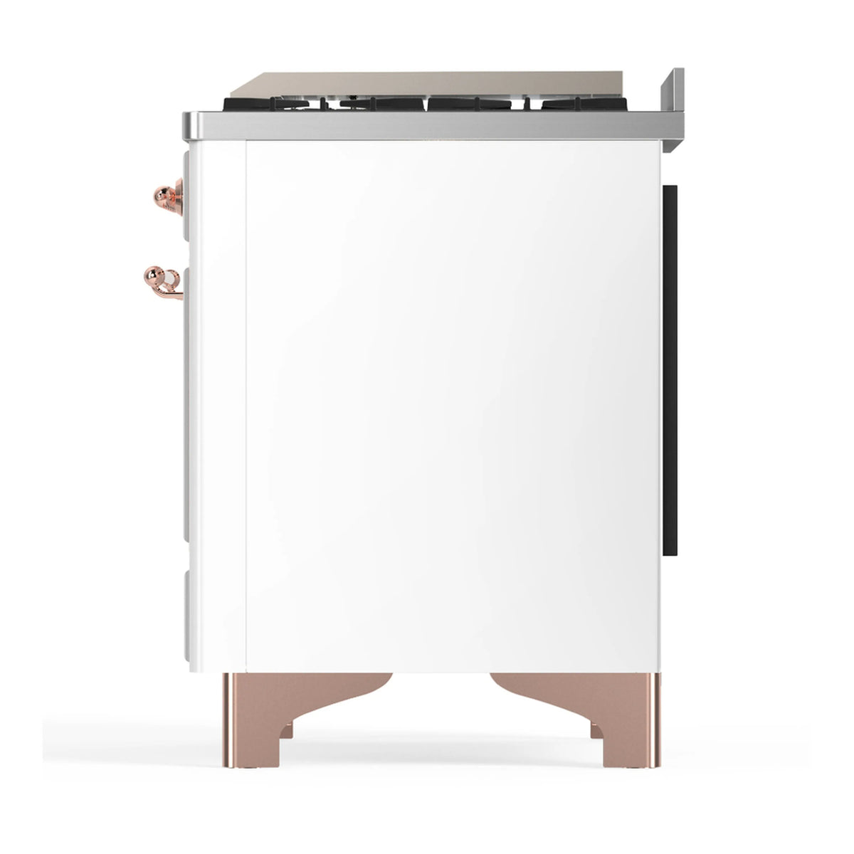 White dual fuel range back end view with copper-trimmed feet and side handle