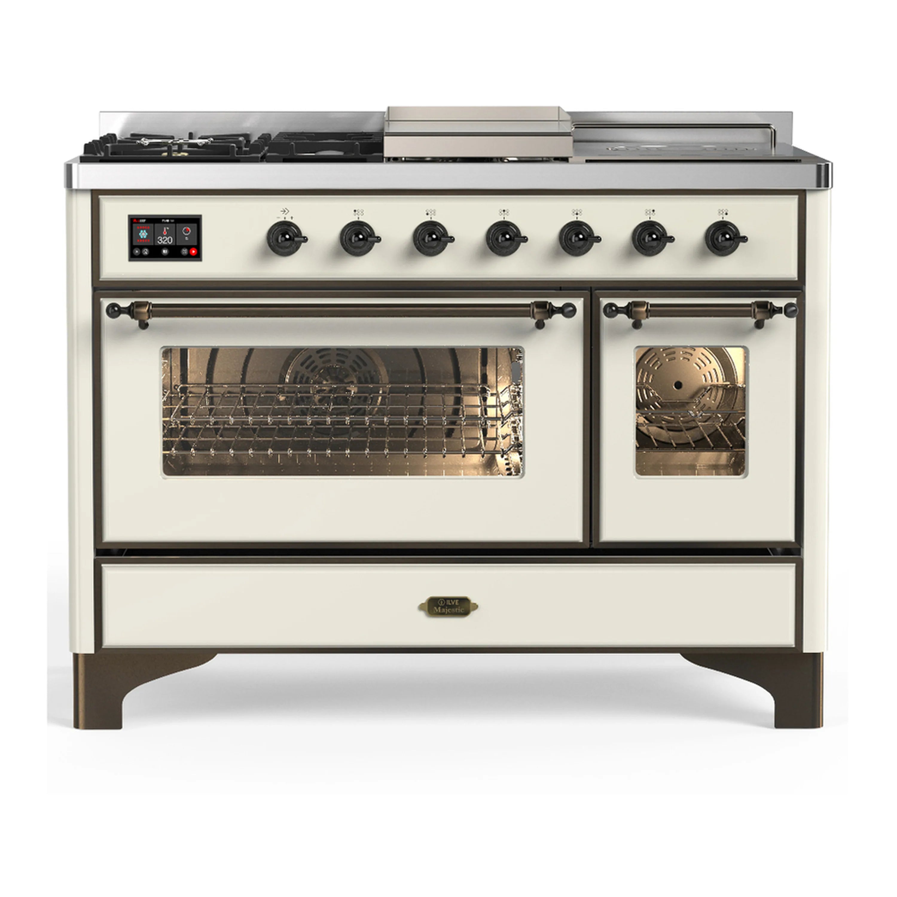 Antique white dual fuel range with one oven door open and front burner control knobs