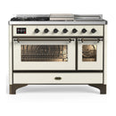 ILVE Majestic III 48-inch Dual Fuel Range with 5 Liquid Propane Burner, Griddle, French Top and Triple Glass Door Electric Oven in Antique White with Burnished Trim (UM48FSNR3AWBLP)