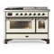 ILVE Majestic III 48-inch Dual Fuel Range with 5 Liquid Propane Burner, Griddle, French Top and Triple Glass Door Electric Oven in Antique White with Burnished Trim (UM48FSNR3AWBLP)