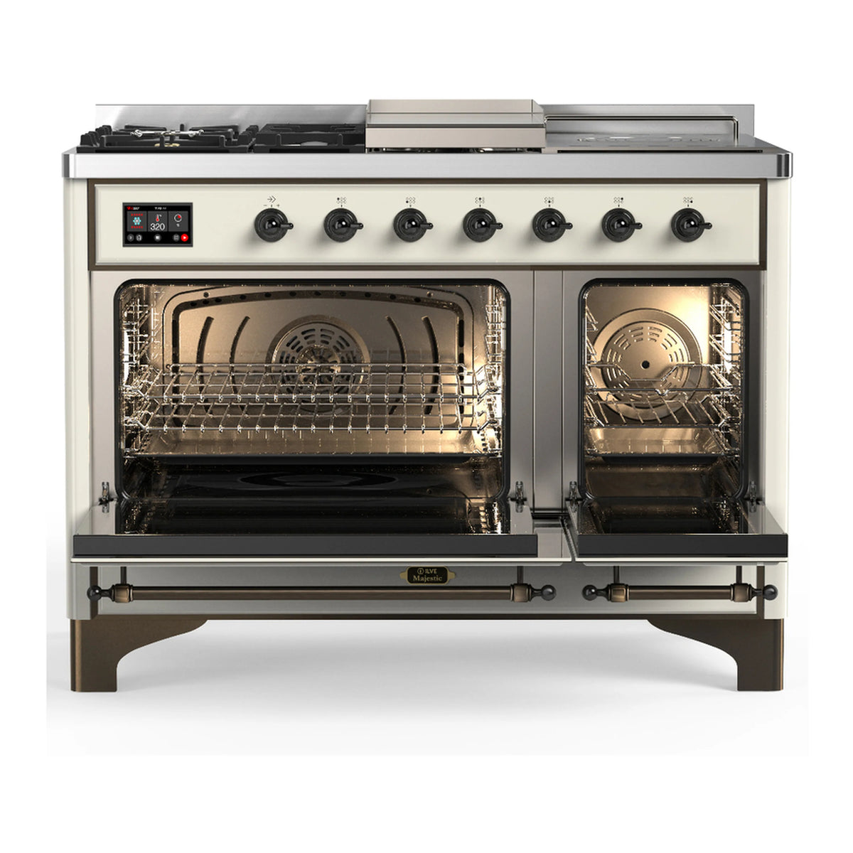Front view of an antique white dual fuel range with both oven interiors lit