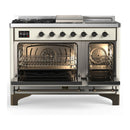 ILVE Majestic III 48-inch Dual Fuel Range with 5 Liquid Propane Burner, Griddle, French Top and Triple Glass Door Electric Oven in Antique White with Burnished Trim (UM48FSNR3AWBLP)
