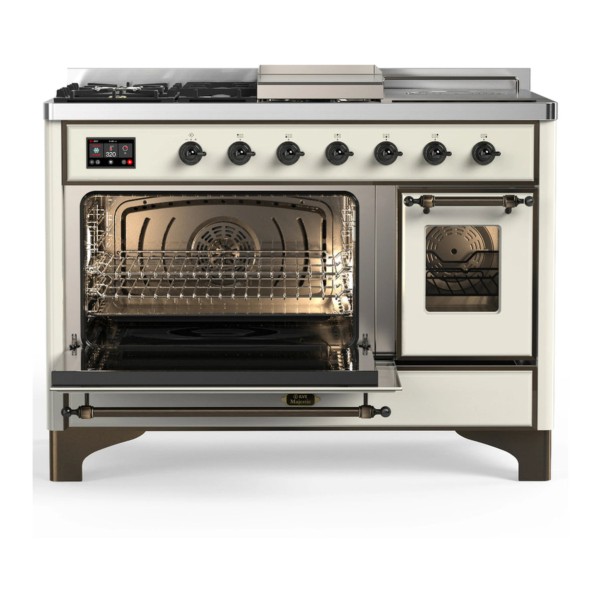 Antique white range with oven door open, interior rack visible, and side window