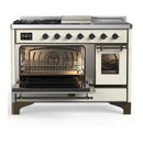 ILVE Majestic III 48-inch Dual Fuel Range with 5 Liquid Propane Burner, Griddle, French Top and Triple Glass Door Electric Oven in Antique White with Burnished Trim (UM48FSNR3AWBLP)