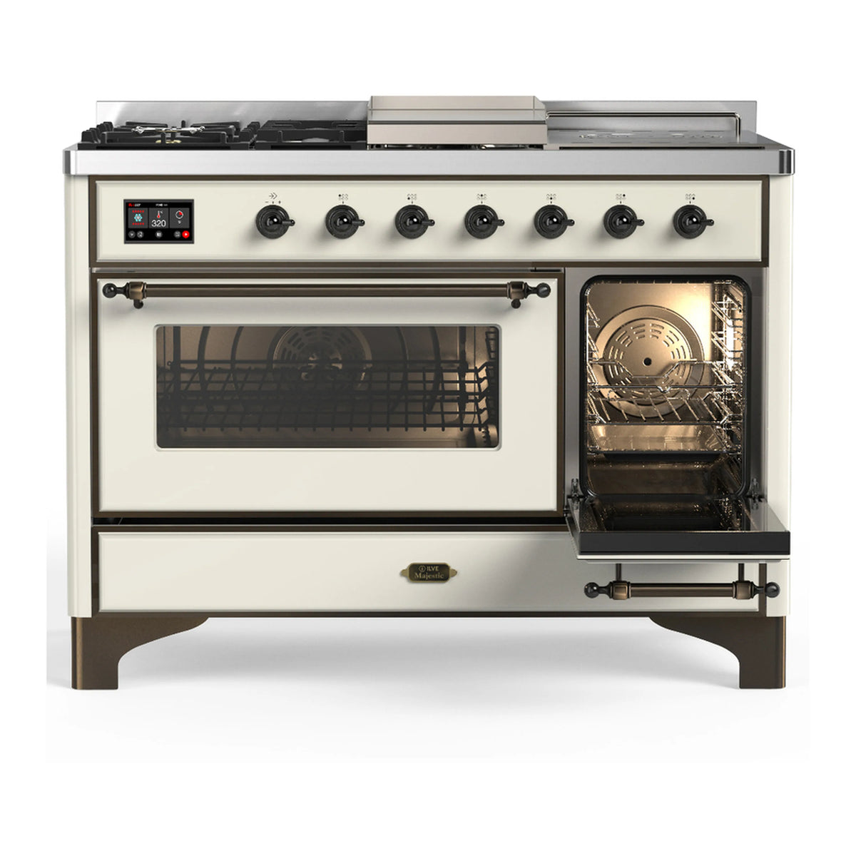 Antique white dual fuel range with open oven door and burner knobs on control panel