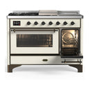 ILVE Majestic III 48-inch Dual Fuel Range with 5 Liquid Propane Burner, Griddle, French Top and Triple Glass Door Electric Oven in Antique White with Burnished Trim (UM48FSNR3AWBLP)