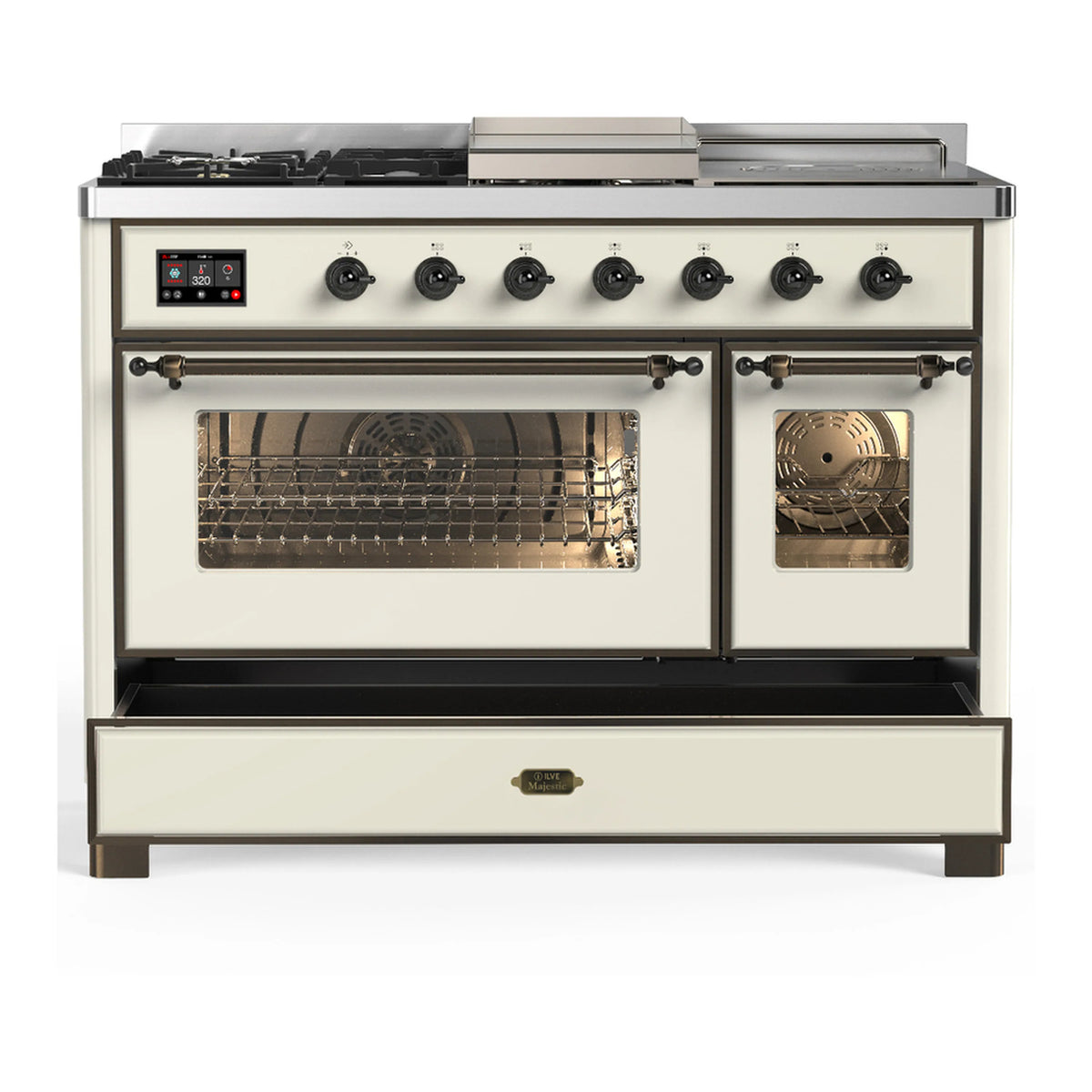 Antique white range with two open oven compartments and front control knobs