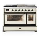 ILVE Majestic III 48-inch Dual Fuel Range with 5 Liquid Propane Burner, Griddle, French Top and Triple Glass Door Electric Oven in Antique White with Burnished Trim (UM48FSNR3AWBLP)