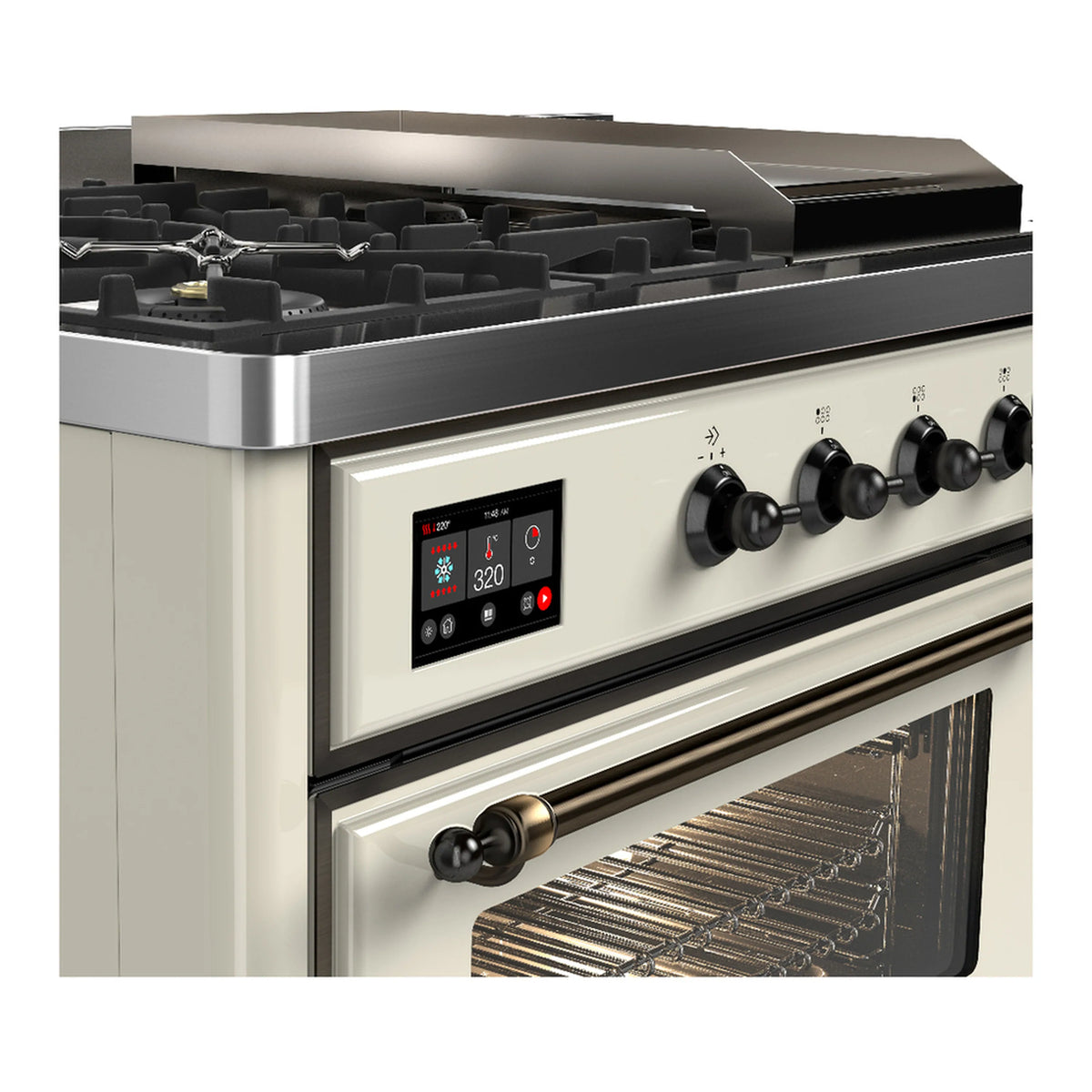 Close-up of antique white range control panel with display and black burner knobs