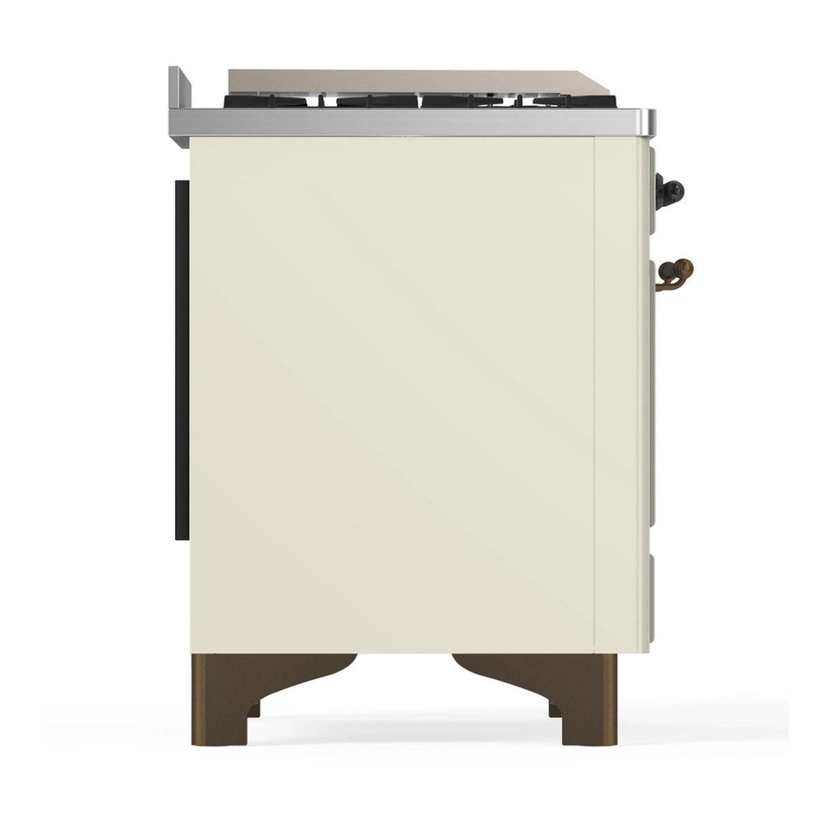 Side view of an antique white dual fuel range with control knobs and side panels