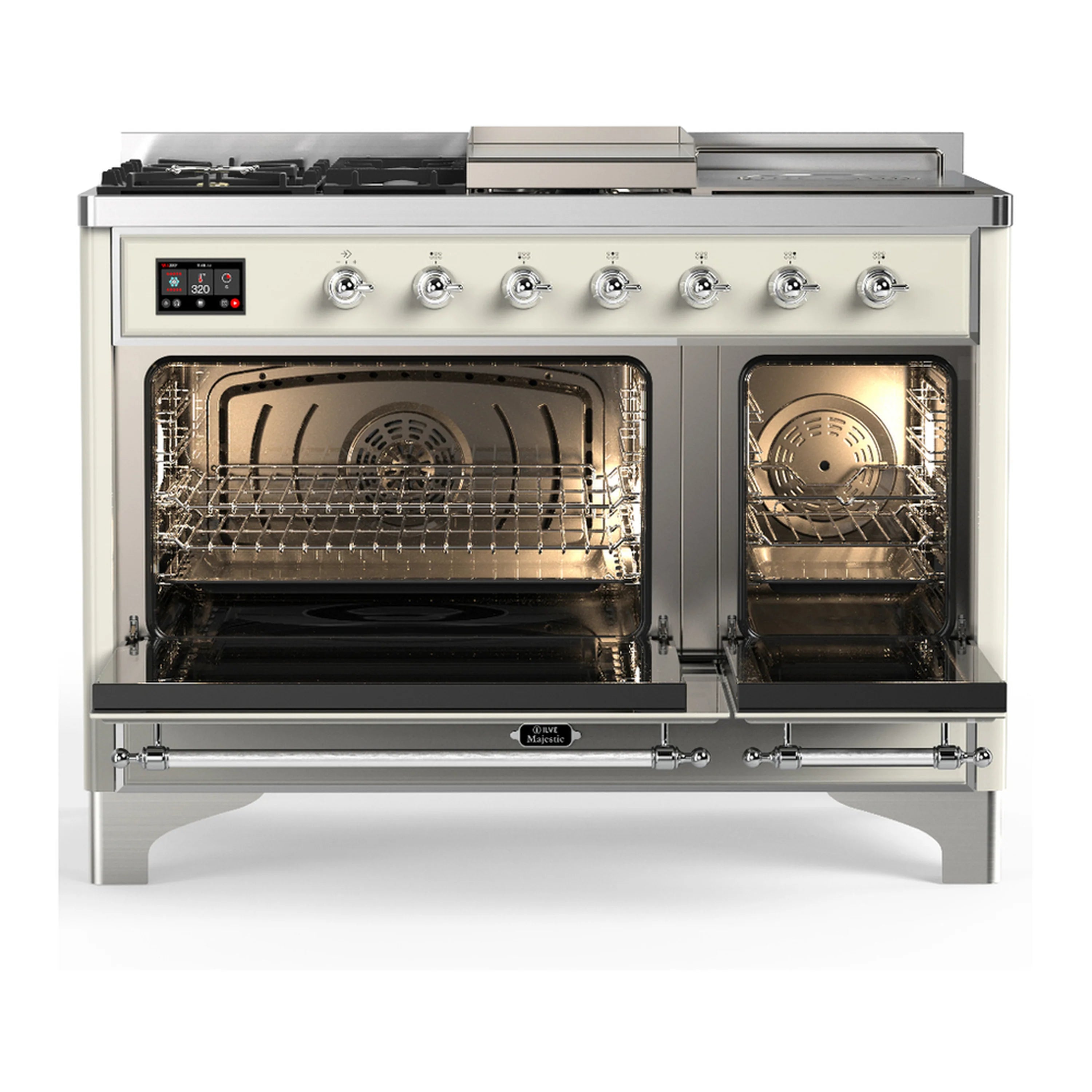 Antique white dual-fuel range with chrome trim, open oven doors showing racks