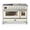 ILVE Majestic III 48-inch Dual Fuel Range with 5 Liquid Propane Burner, Griddle, French Top and Triple Glass Door Electric Oven in Antique White with Chrome Trim (UM48FSNR3AWCLP)