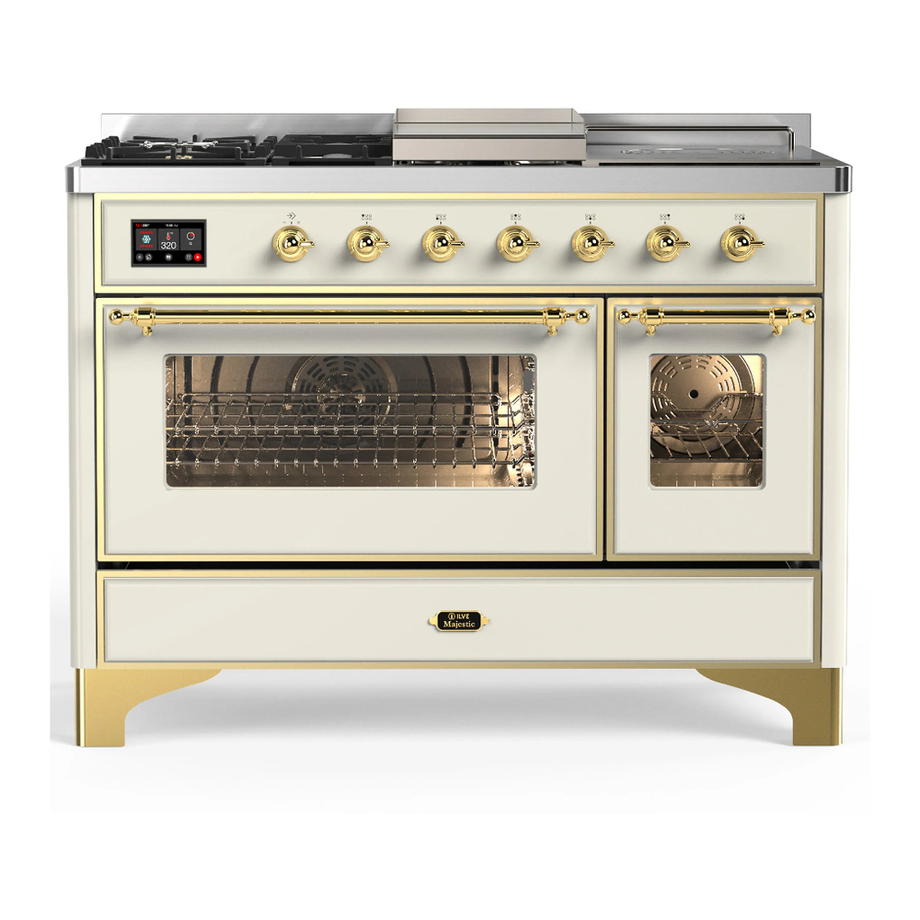 Antique white dual fuel range with brass trim; both ovens open and front burner knobs