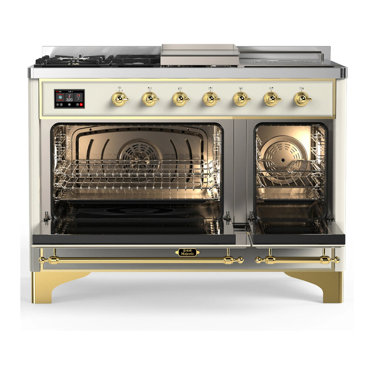 Antique white dual fuel range with brass trim; open twin ovens and control panel