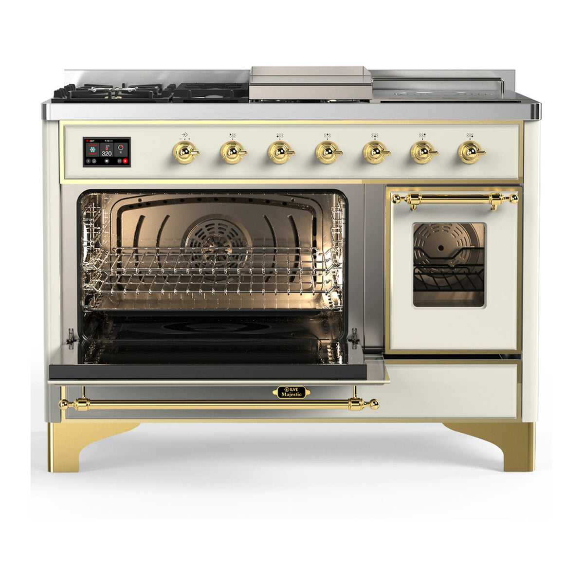 Antique white dual fuel range with brass trim; oven window view and front controls