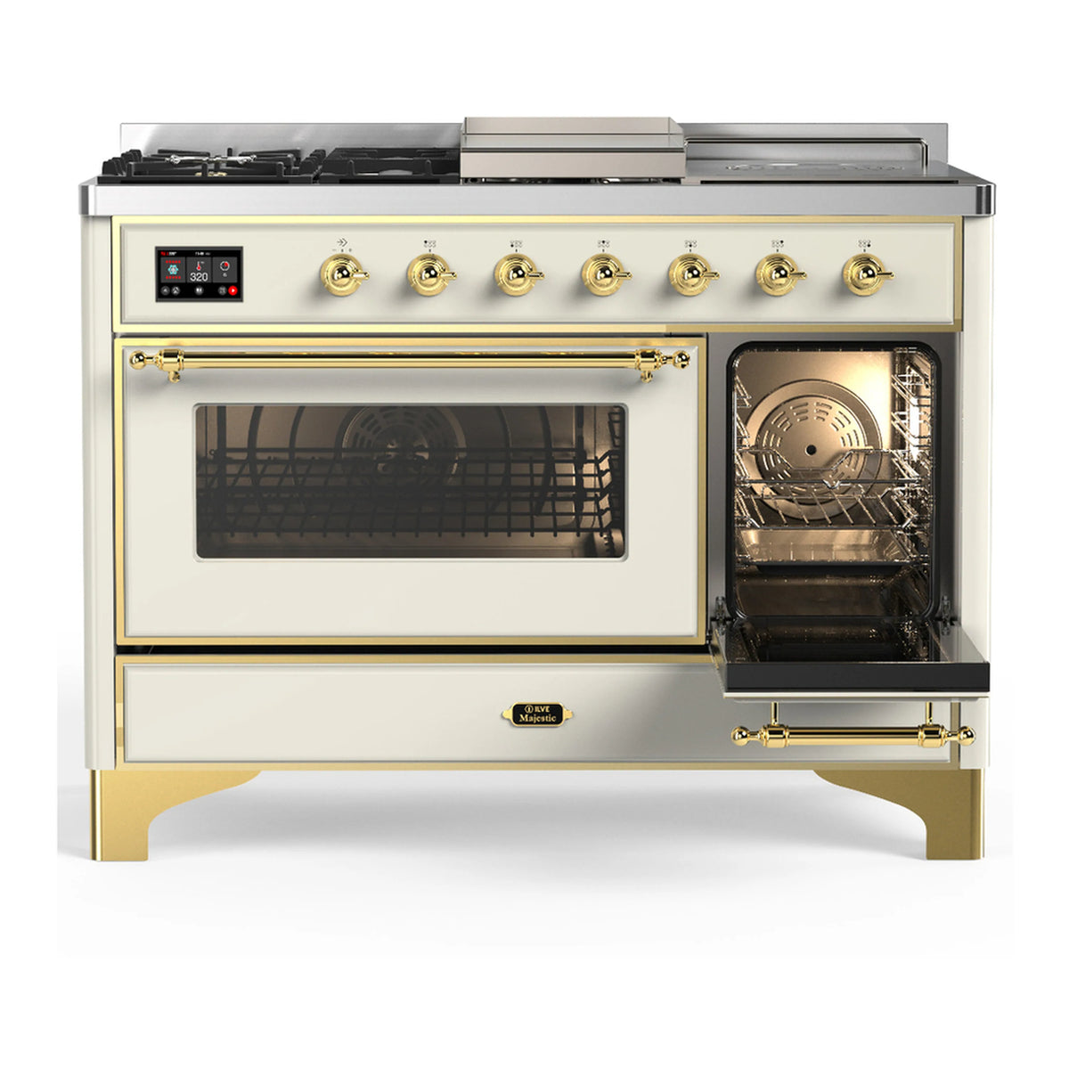 Antique white dual fuel range with brass trim; left oven glass window and right door