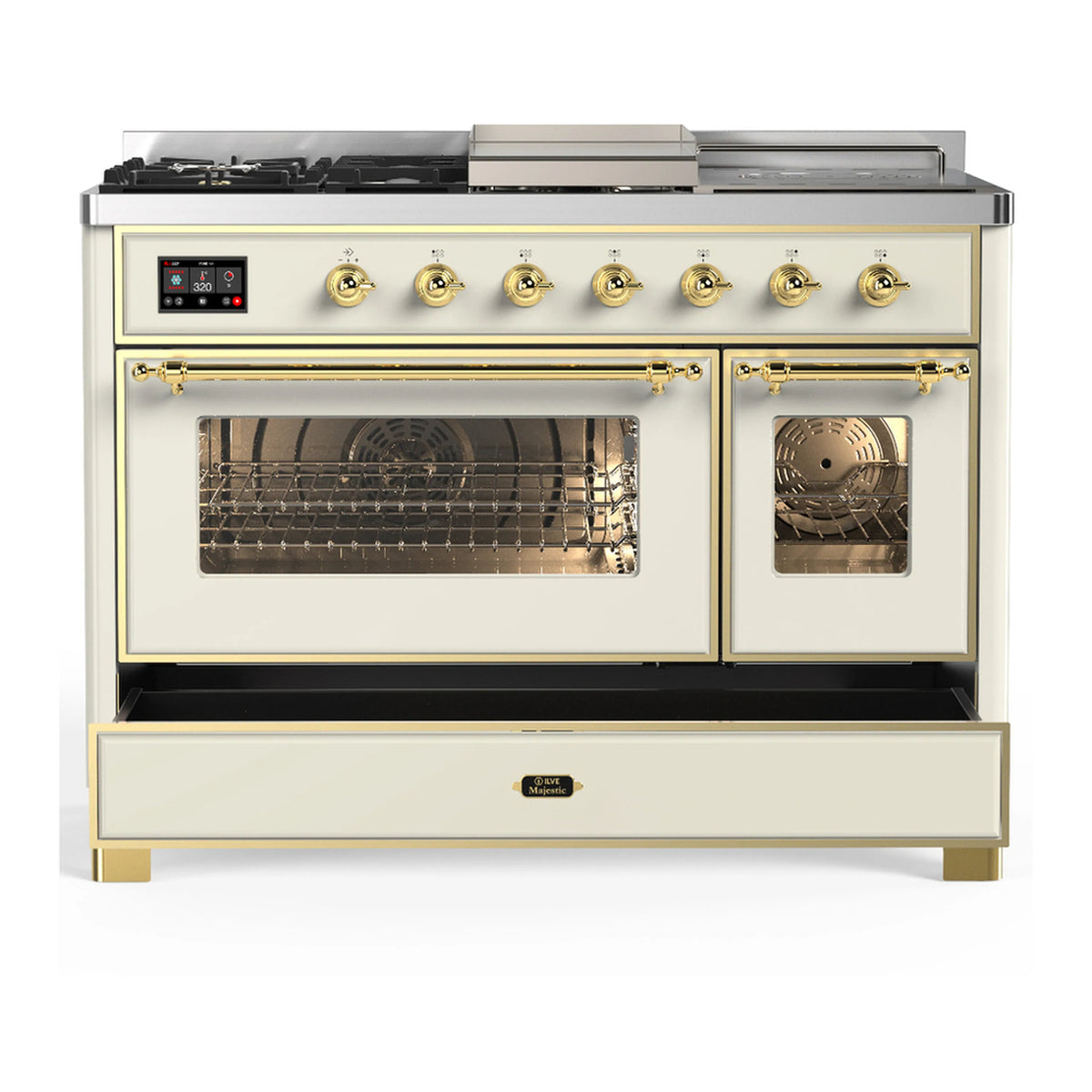 Antique white dual fuel range with brass trim; two oven doors closed, front view