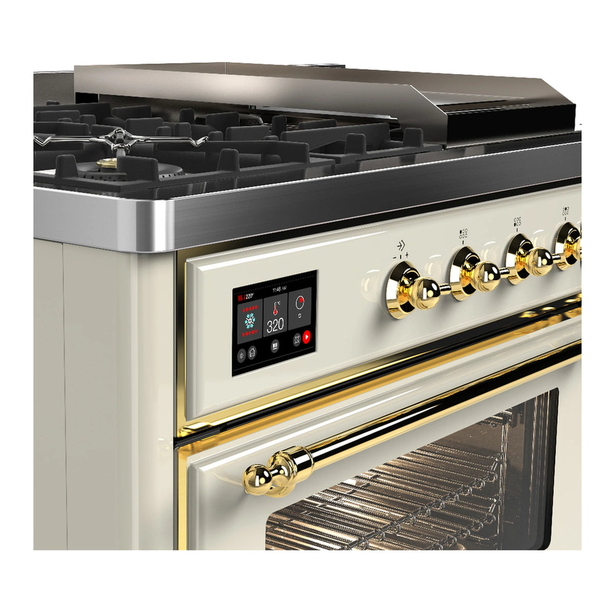 Antique white dual fuel range; brass control knobs and open oven rack inside