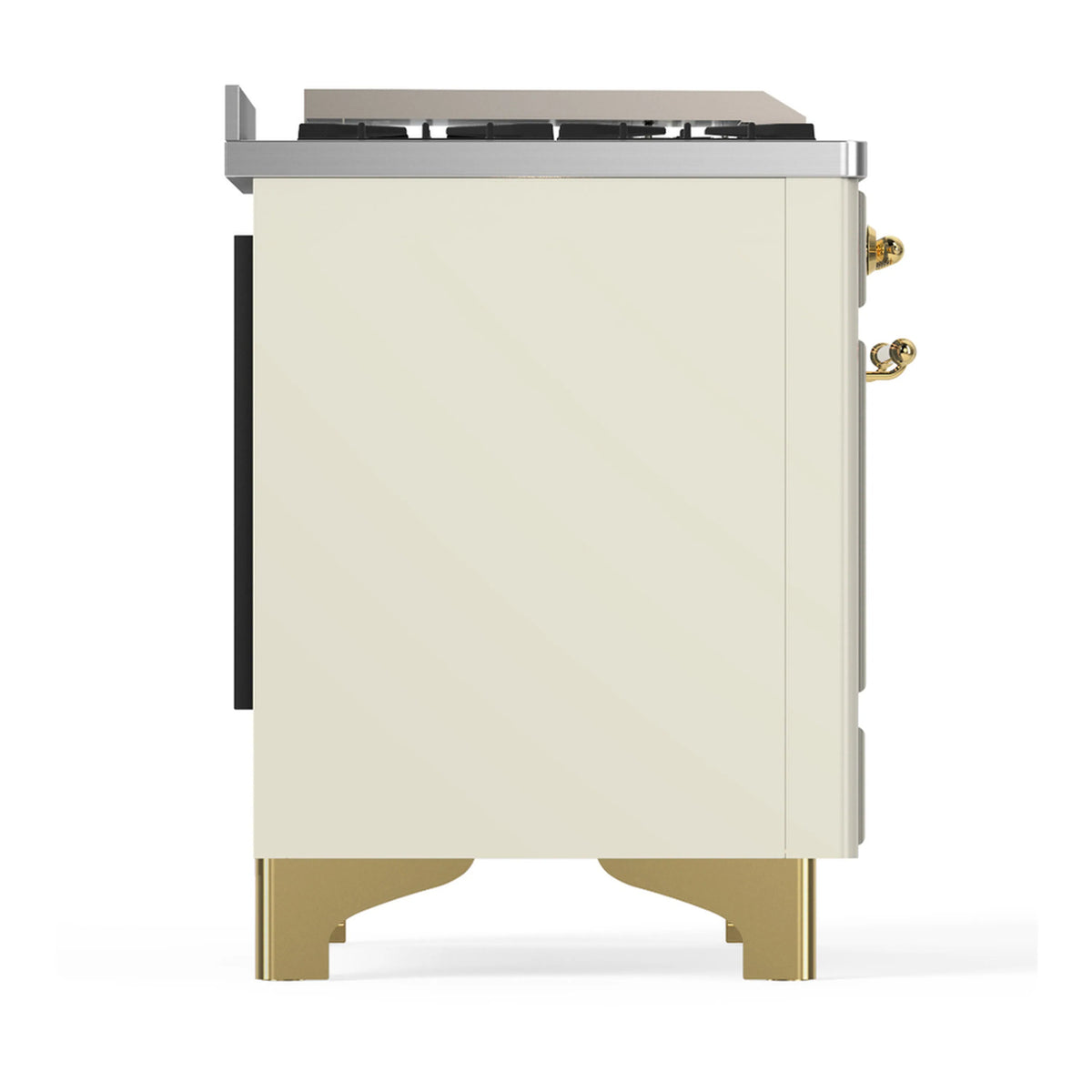Antique white range body with brass legs and stainless top; side profile