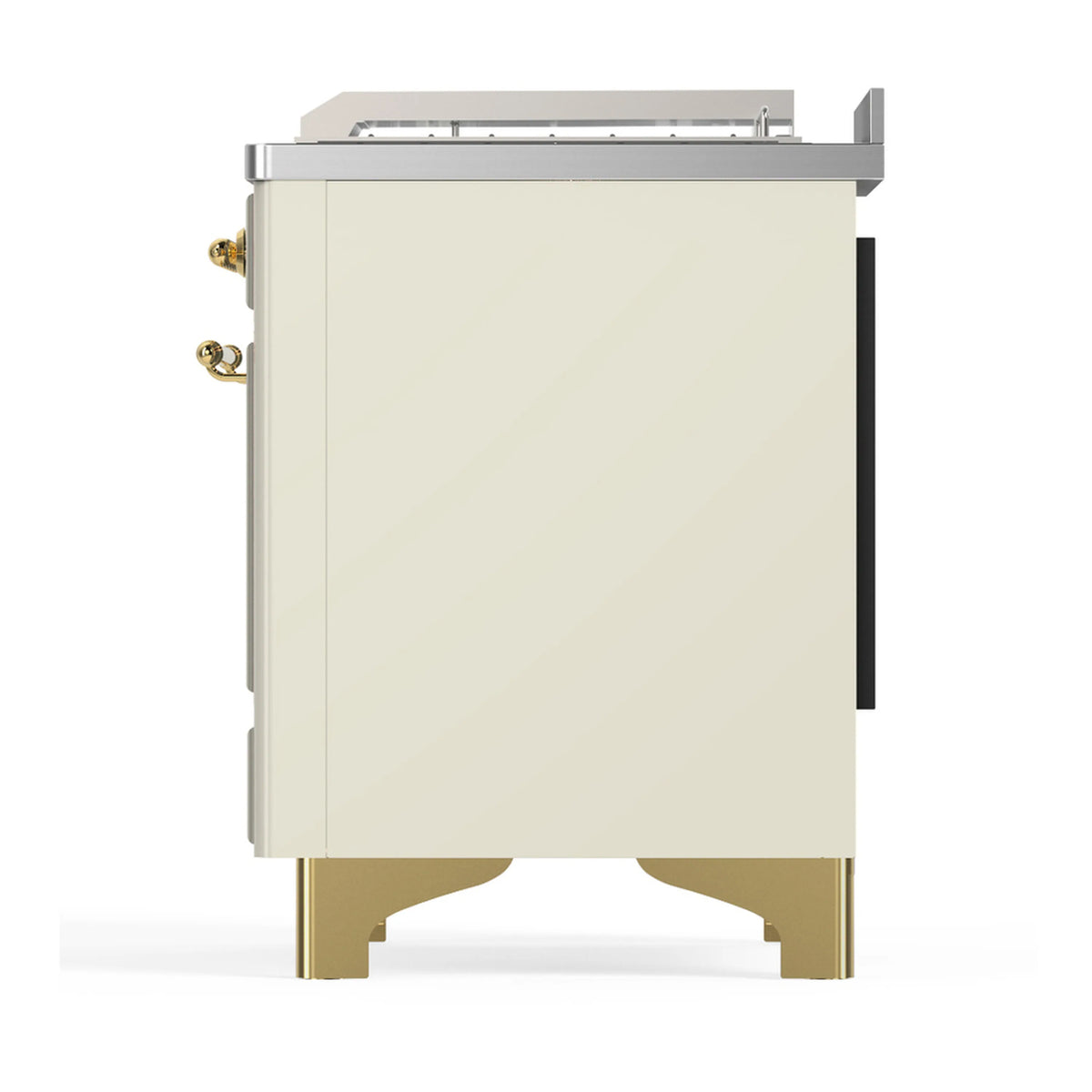 Antique white range body with brass legs and stainless top; angled side profile