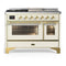 ILVE Majestic III 48-inch Dual Fuel Range with 5 Liquid Propane Burner, Griddle, French Top and Triple Glass Door Electric Oven in Antique White with Brass Trim (UM48FSNR3AWGLP)