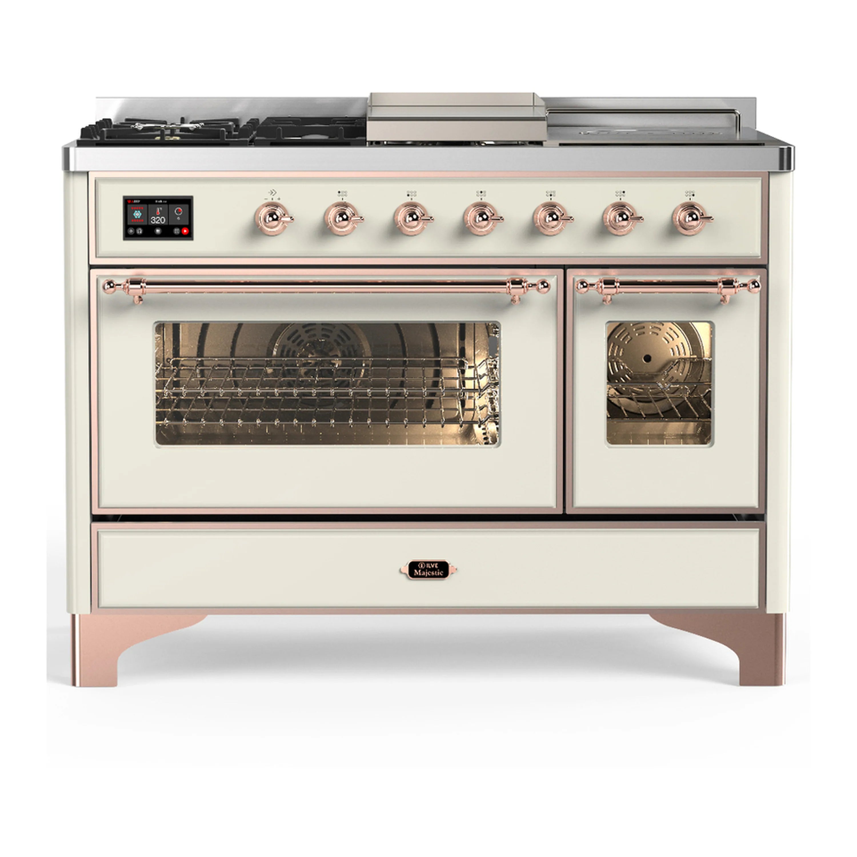 Antique white dual fuel range with copper trim, front knobs, and two closed oven doors