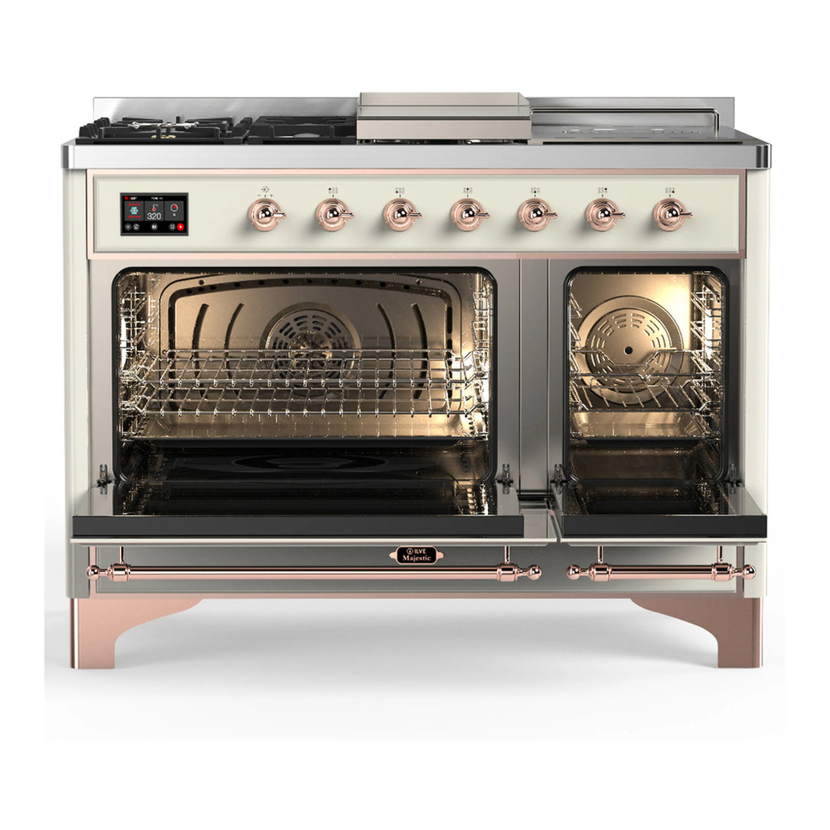 Antique white dual fuel range with copper trim, two oven doors open to reveal racks and broiler