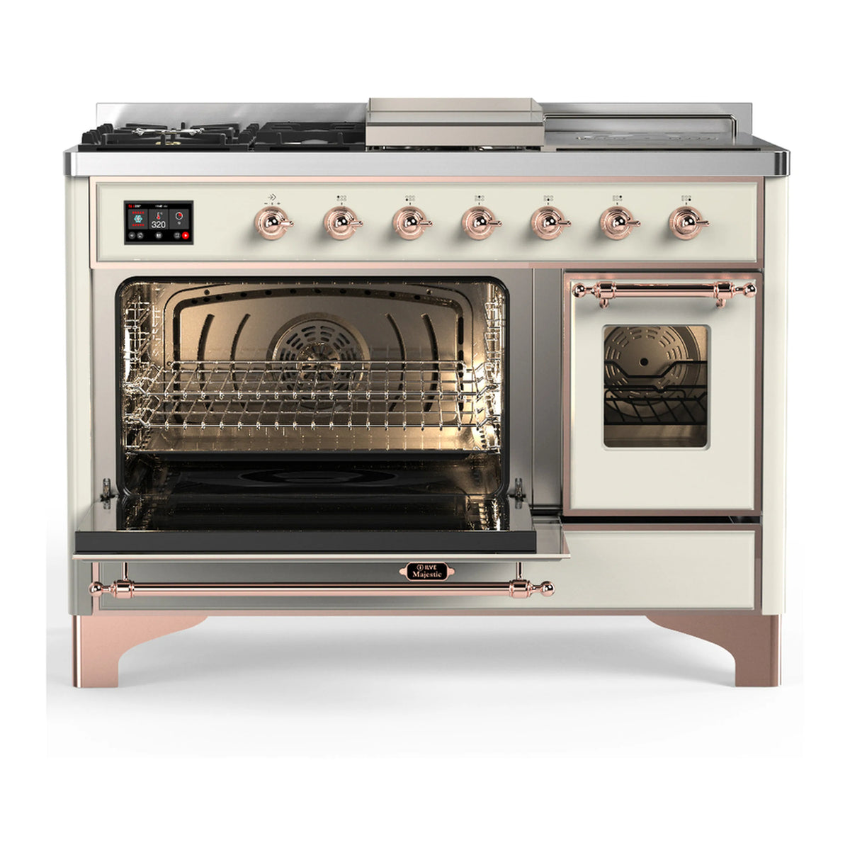 Antique white dual fuel range with copper trim, left oven open with racks and right oven door open