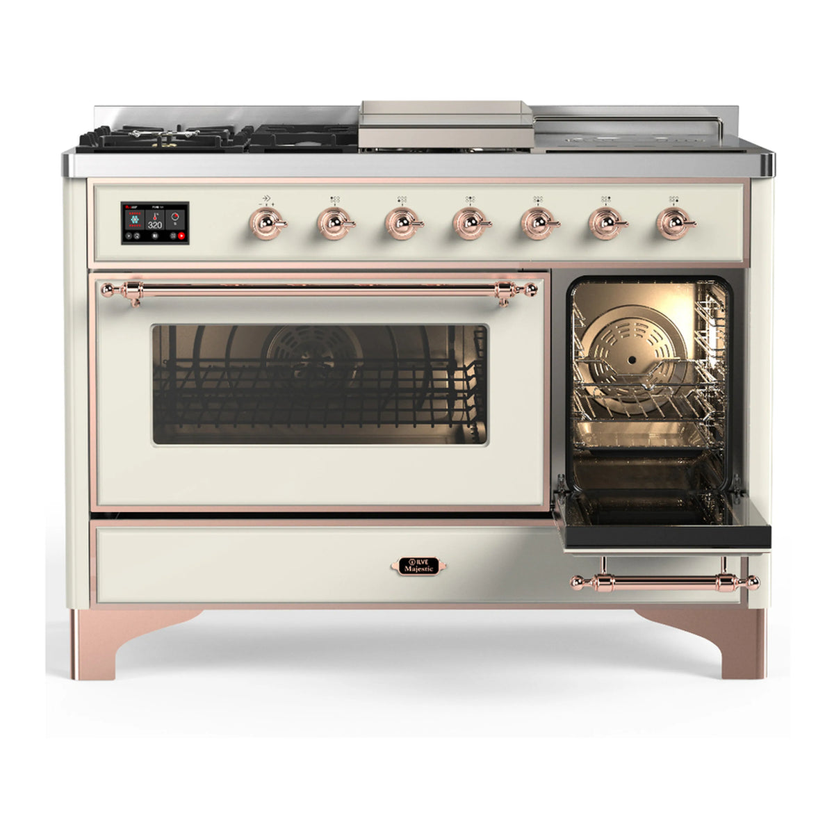 Antique white dual fuel range with copper trim, left oven window and right oven door open